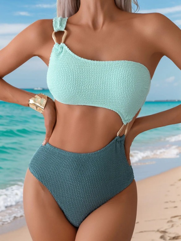 Damen One Shoulder Badeanzug 2025 Grün Asymmetrisch