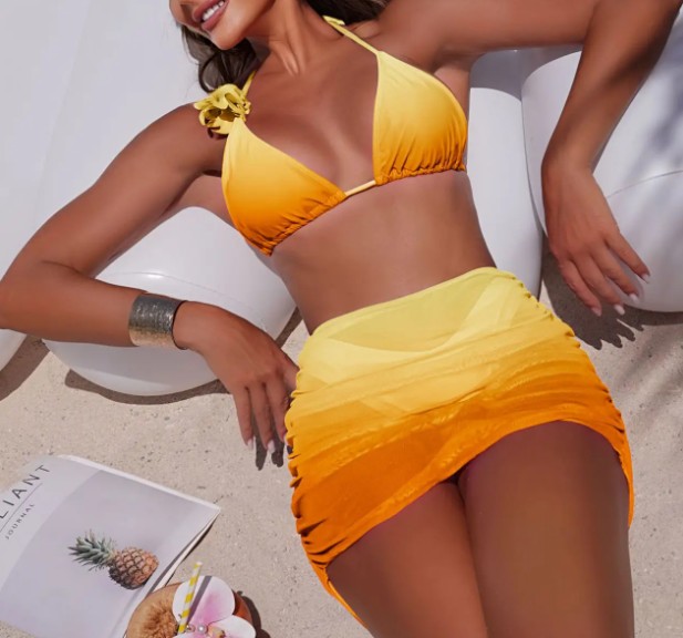 Halterneck Bikini Set 2025 Dreiteilig in Gelb mit Ombre Verlauf