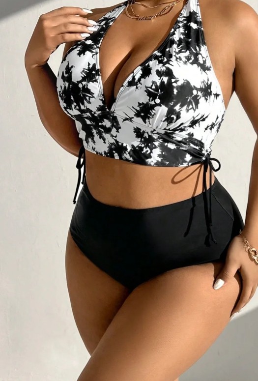 Halterneck Push Up Bikini 2025 Schwarz Weiß in Großen Größen