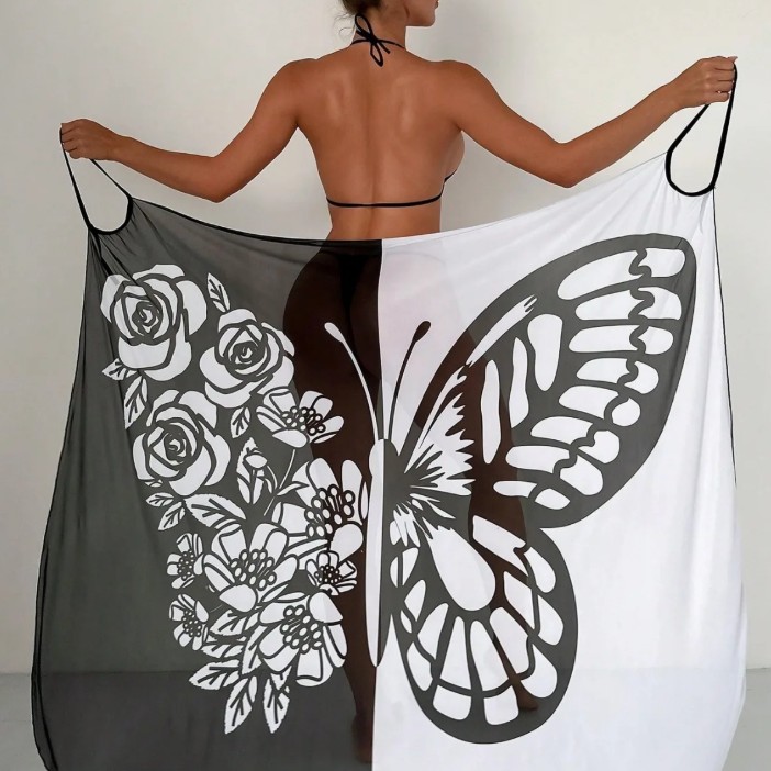 Schmetterling Print Strandkleid 2025 Cover Up Kleid Suzan Schwarz Weiß