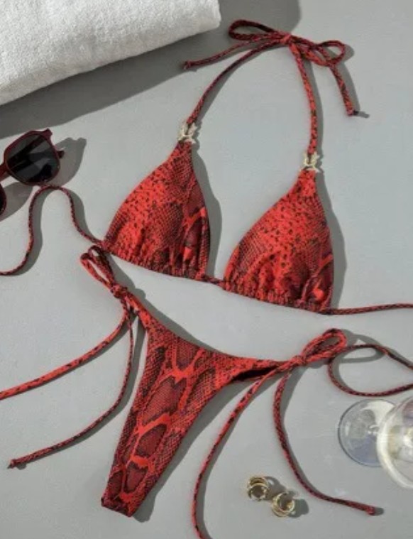 Schlangen Print Tanga Halterneck Bikini 2025 mit Hohe Taille Rot