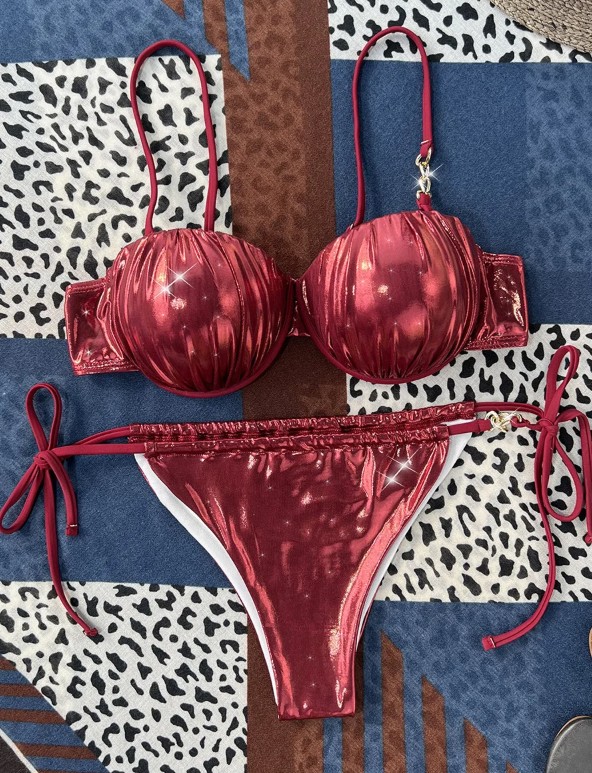 Shiny PU Leder Bügel-BH Cup Bikini 2025 Weinrot