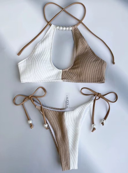 Neckholder Cut Out Bikini 2025 Shania mit Perlen in Weiß Braun