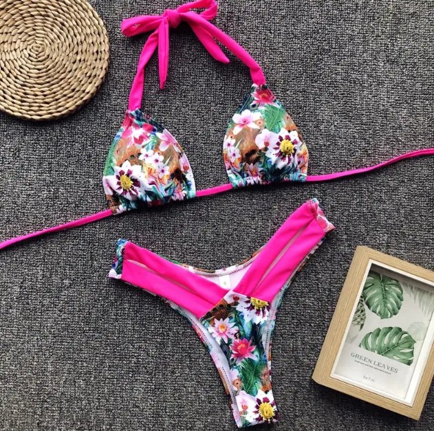 Halterneck Blumen Print Brazilian Bikini 2025 Sam Pink
