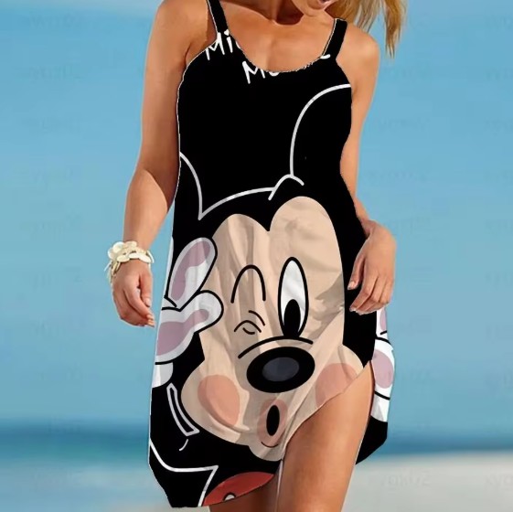A Linie 3D Print Mickey Strandkleid 2025 Schwarz Kurz Ärmellos