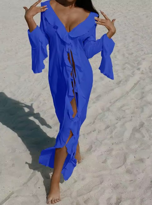 V-Ausschnitt Chiffon Strandkleid 2025 Lang in Blau