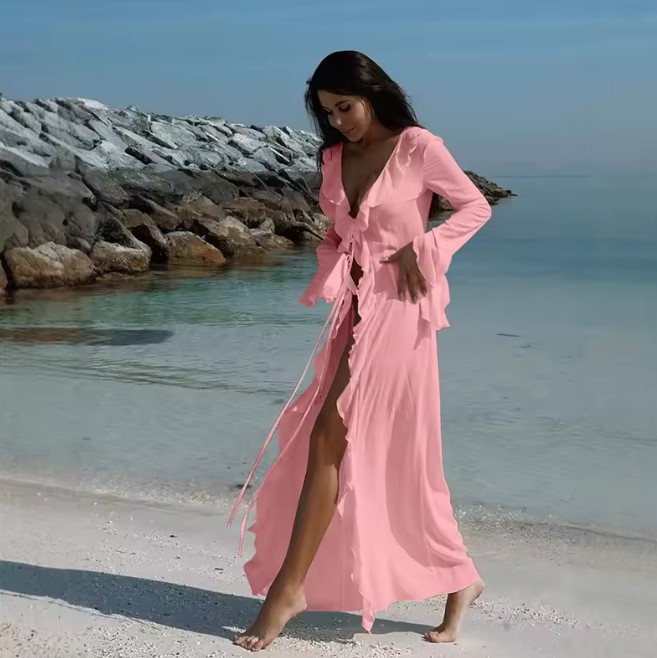 V-Ausschnitt Chiffon Strandkleid 2025 Lang in Rosa