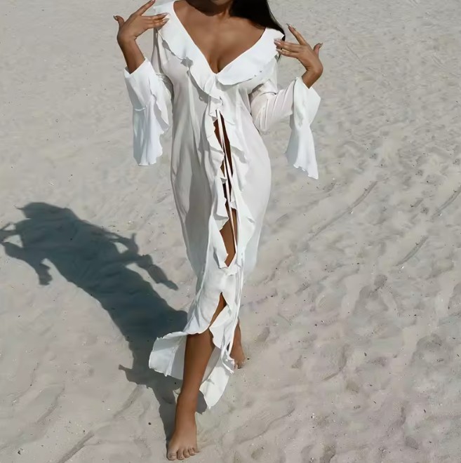 V-Ausschnitt Chiffon Strandkleid 2025 Lang in Weiß