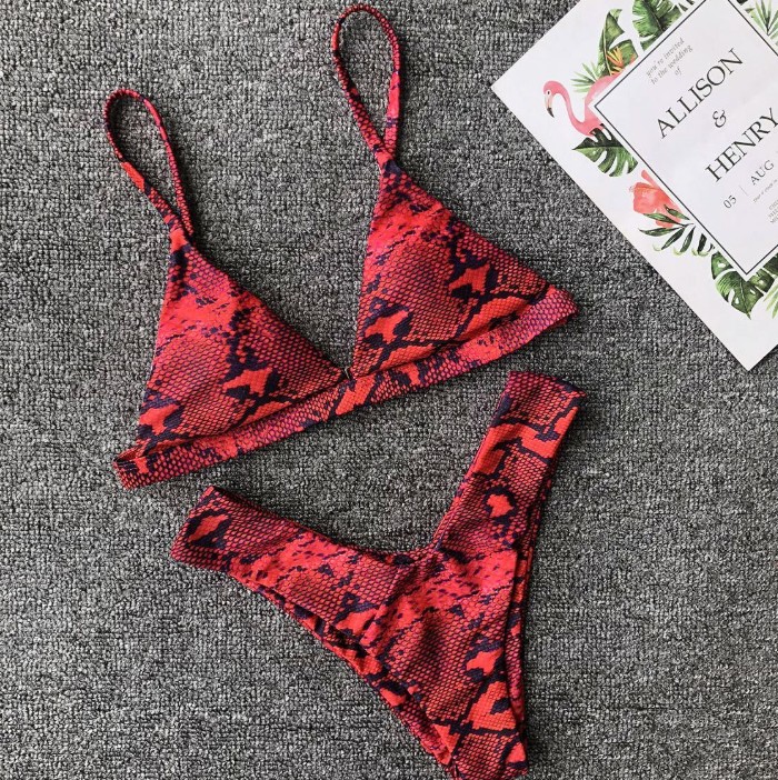 Schlangen Print Triangle Bikini 2025 Signe mit Hohe Taille Rot