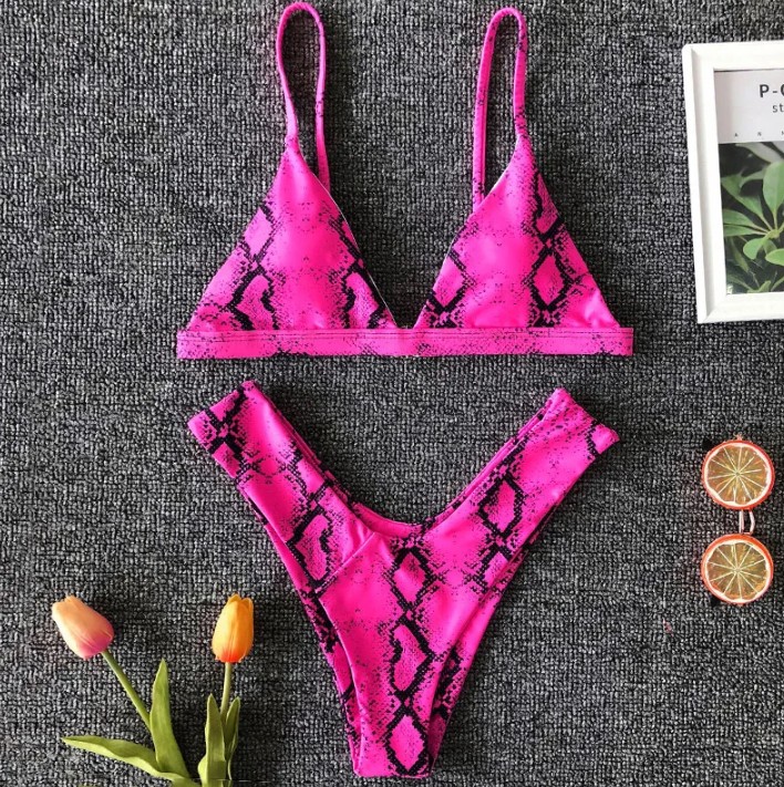 Schlangen Print Triangle Bikini 2025 Signe mit Hohe Taille Pink