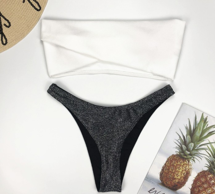  Bandeau Bikini 2025 Samantha mit Hohe Taille in Schwarz Weiß