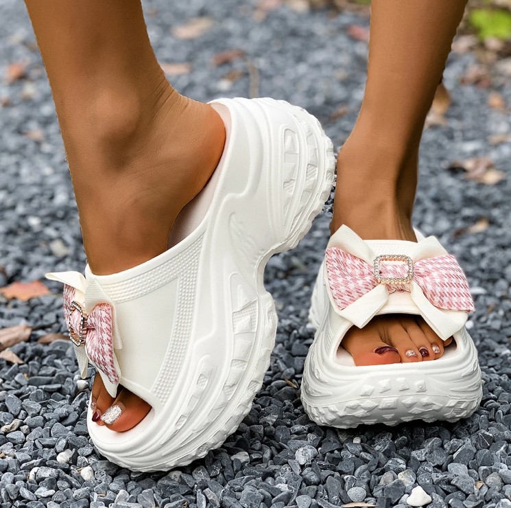 Plateau Chunky Damen Clogs in Weiß mit Schleife