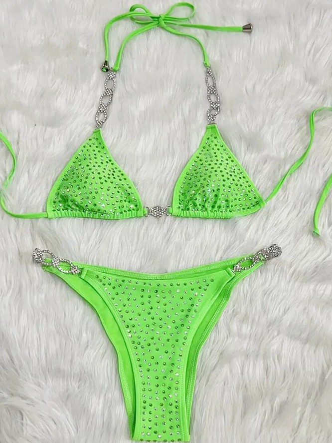  Halterneck Bikini 2025 Saskia in Neon Grün mit Strass