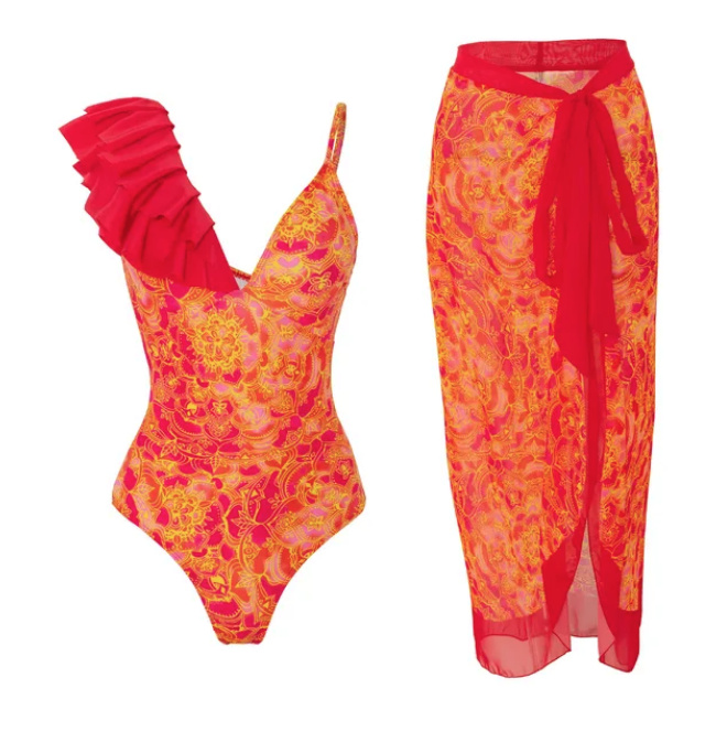 Retro Style Badeanzug Zola in Orange Rot mit Rock im Set