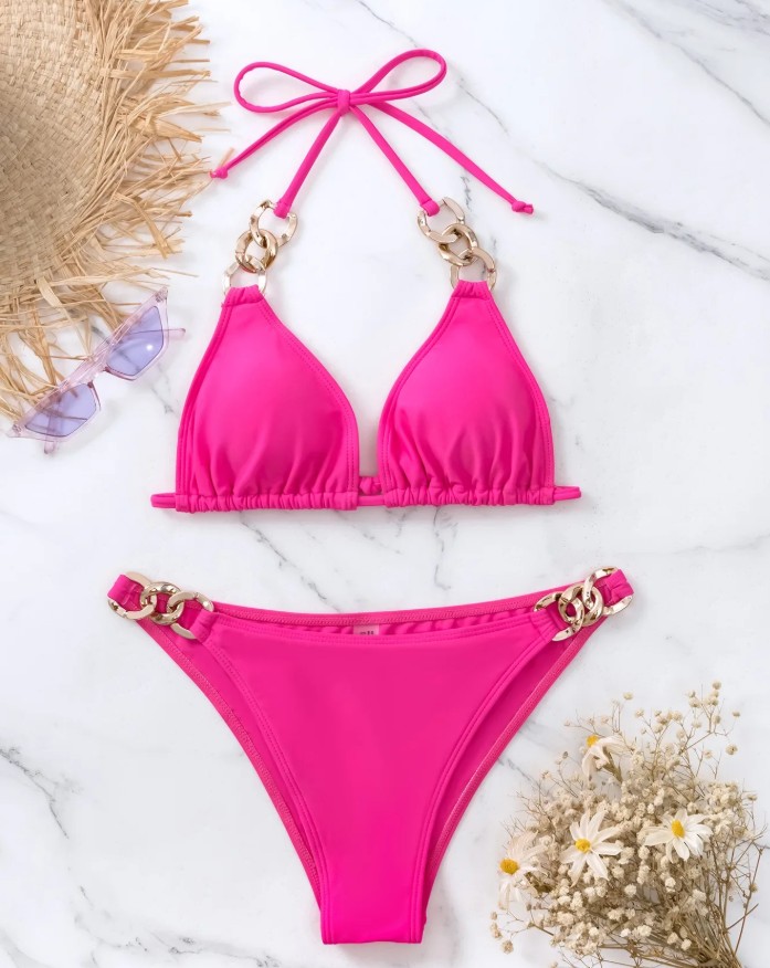  Split-Design Bikini 2025 Shannon in Pink mit Neckholder Träger und Kette