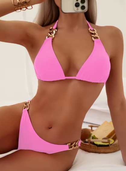  Split-Design Bikini 2025 Shannon in Rosa mit Neckholder Träger und Kette