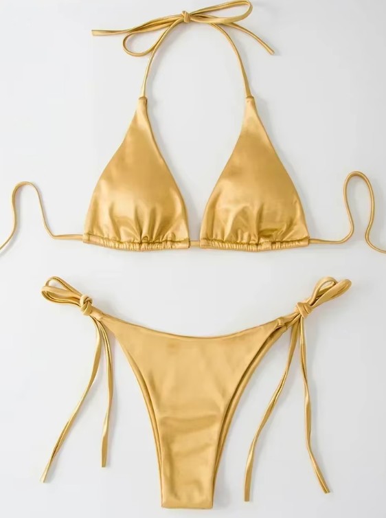 Metallic Satin Halterneck Bikini 2025 in Gelb