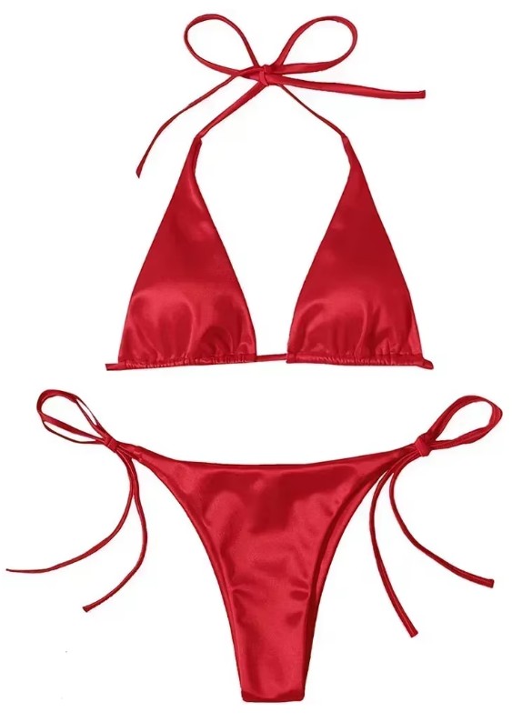 Metallic Satin Halterneck Bikini 2025 in Rot