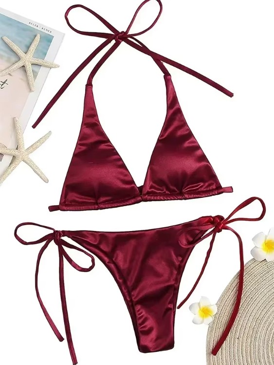 Metallic Satin Halterneck Bikini 2025 in Dunkelrot