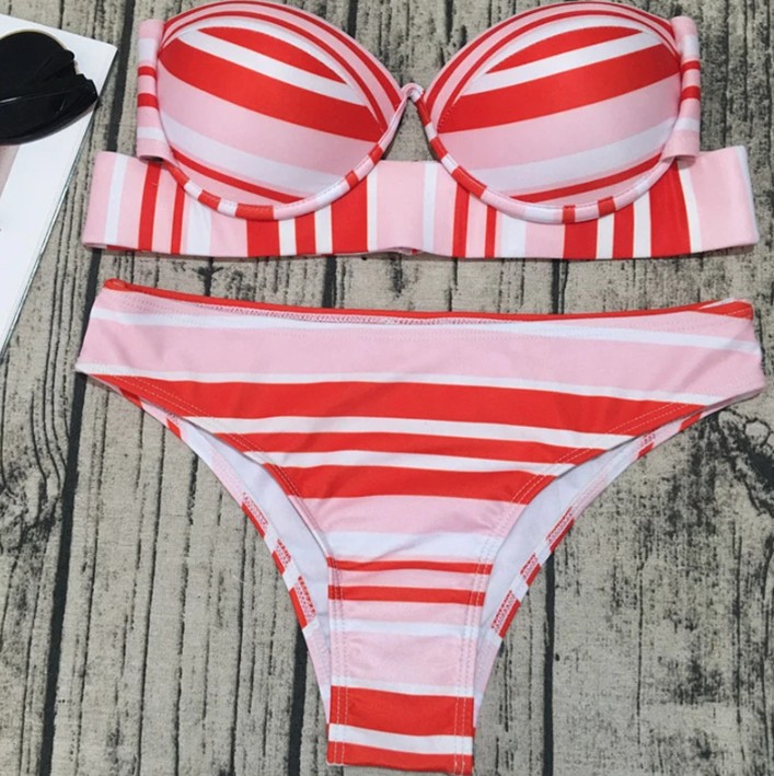 Bandeau Push Up Bikini Sigrid in Rot Weiß Gestreift