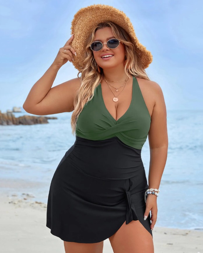 Damen Plus Size Kreuzträger Tankini in Grün Schwarz