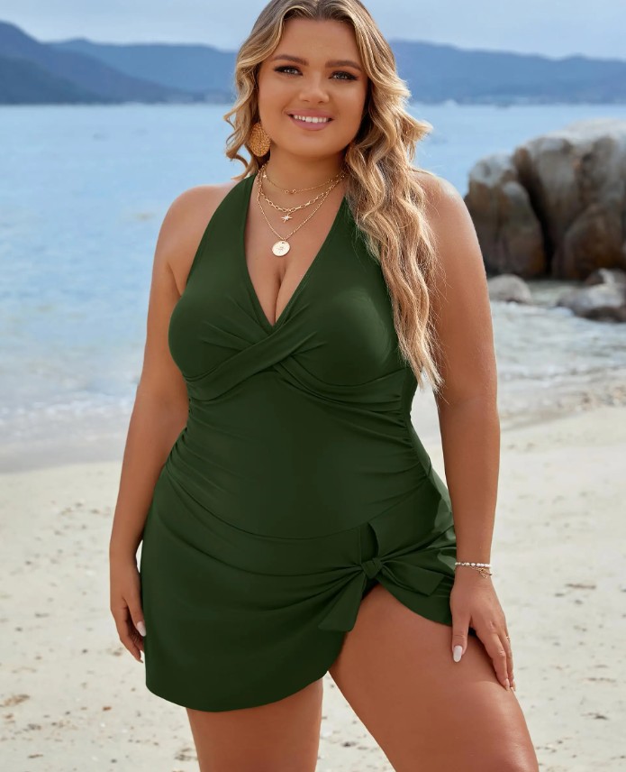 Damen Plus Size Kreuzträger Tankini in Grün 