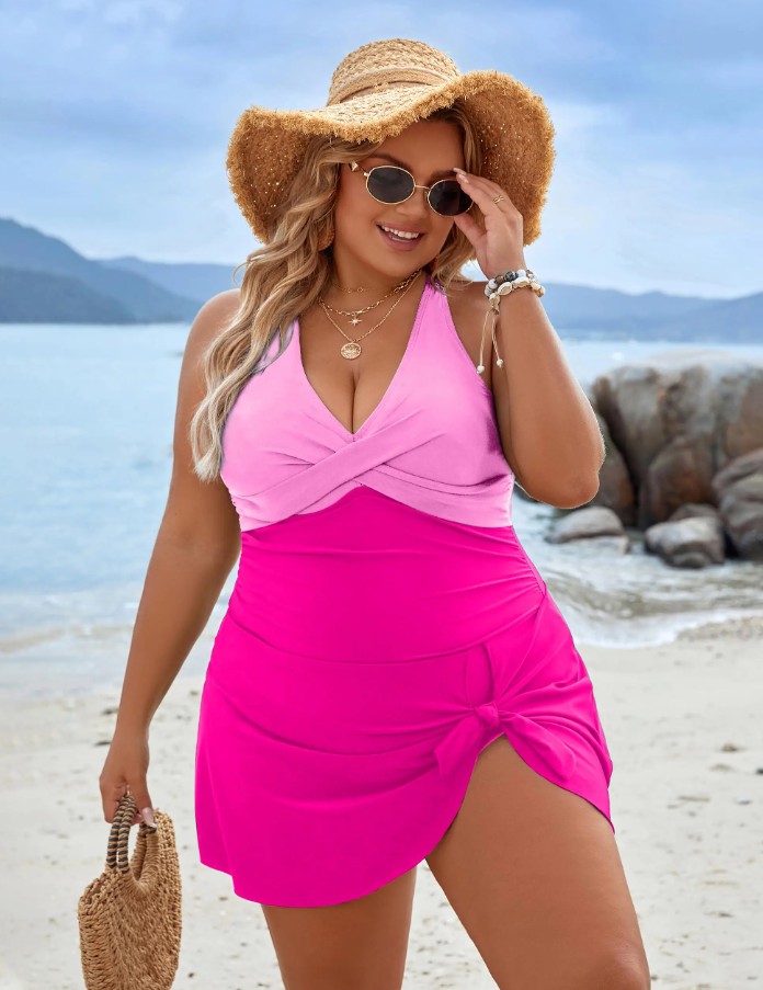 Damen Plus Size Kreuzträger Tankini in Pink Rosav