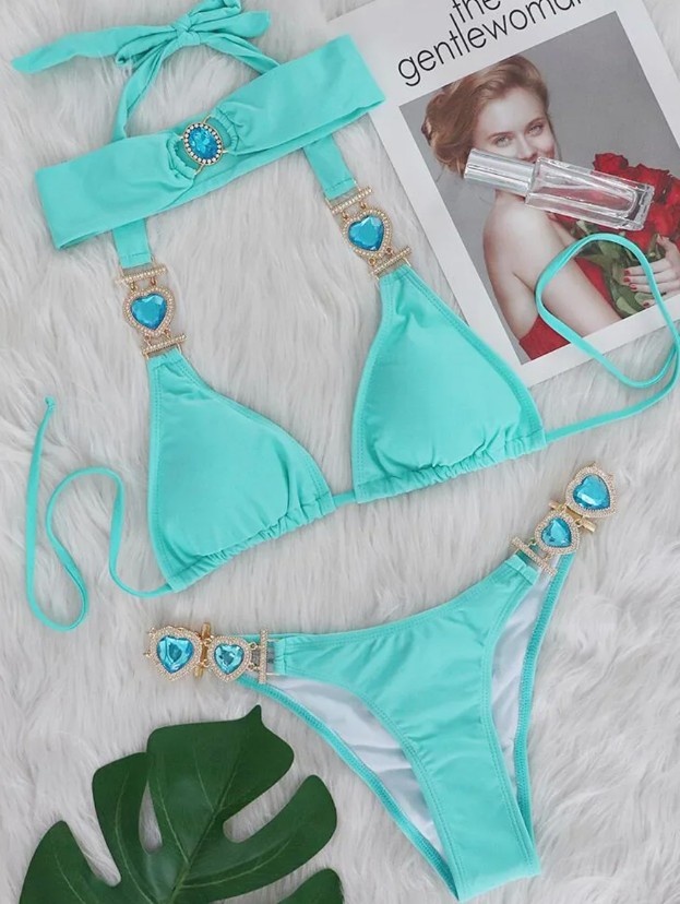 Triangle High-Waist Bikini mit Strass Herzchen in Hellblau