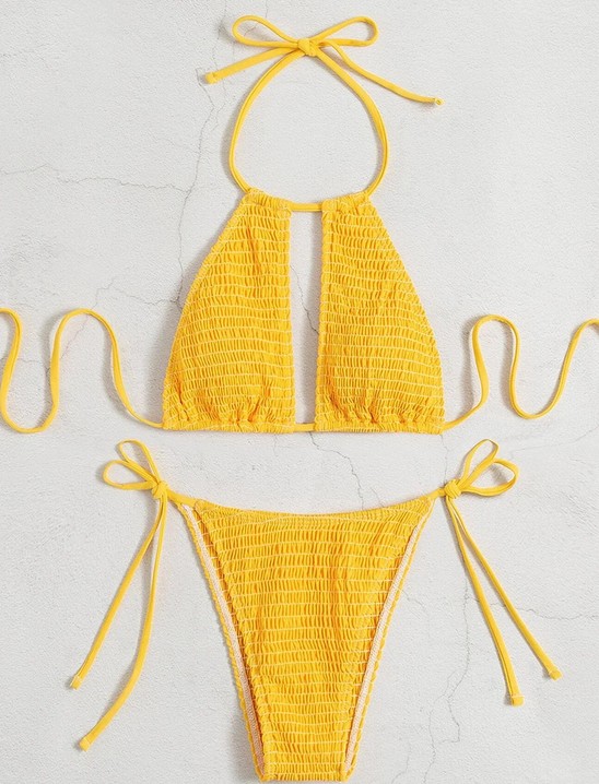  Halterneck Bikini Stina zum Binden in Gelb mit Cut Outs