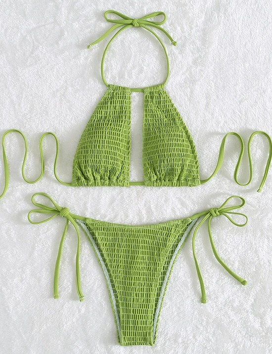  Halterneck Bikini Stina zum Binden in Hellgrün mit Cut Outs