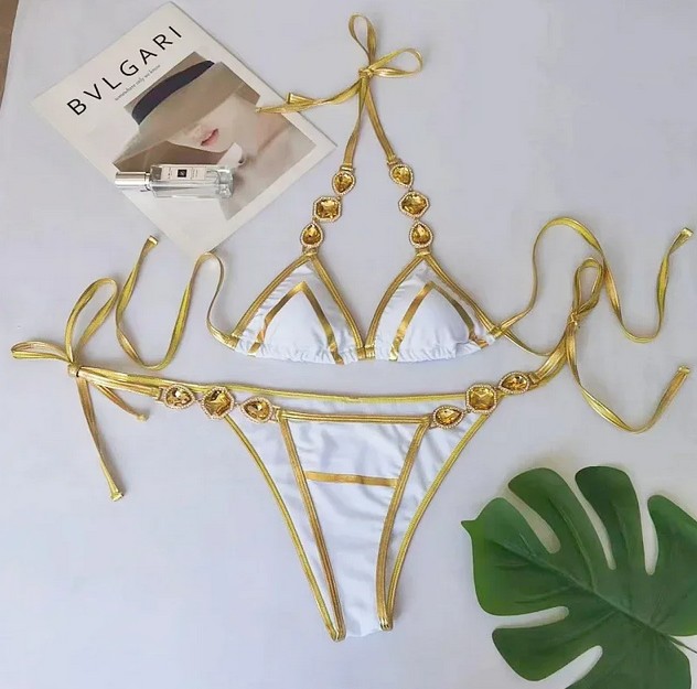  Halterneck Bikini 2025 Samia zum Binden mit Strass in Weiß Gold
