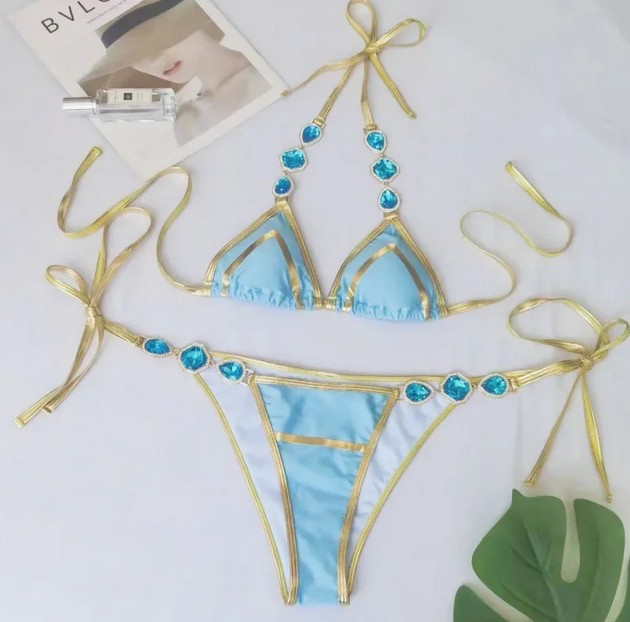  Halterneck Bikini 2025 Samia zum Binden mit Strass in Hellblau Gold
