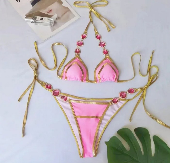  Halterneck Bikini 2025 Samia zum Binden mit Strass in Pink Gold