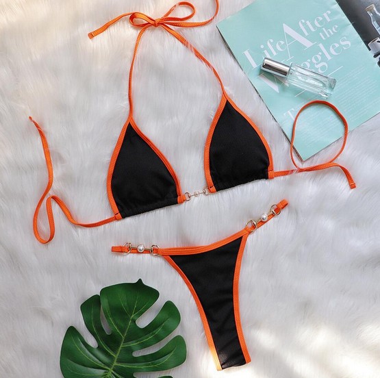  Halterneck Mini Micro Bikini 2025 Savannah Schwarz Orange mit Perlen