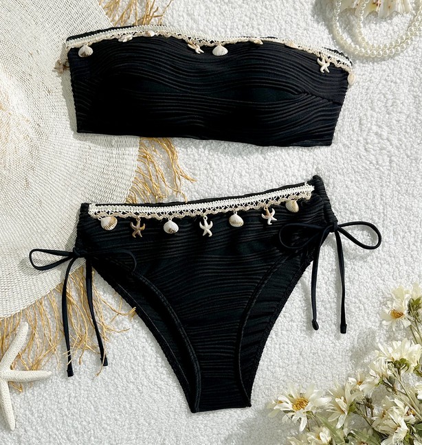  Bandeau Bikini Samira in Schwarz mit Muscheln und Seesterne