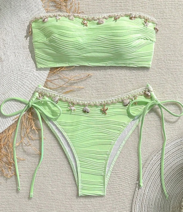  Bandeau Bikini Samira in Hellgrün mit Muscheln und Seesterne