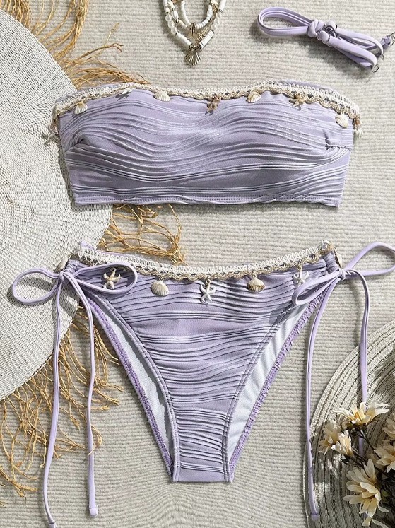  Bandeau Bikini Samira in Helllila mit Muscheln und Seesterne