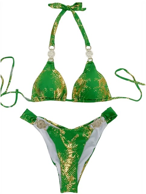Brasilianischer Halterneck Bikini Sude Grün Gold