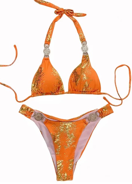 Brasilianischer Halterneck Bikini Sude Orange Gold