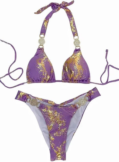 Brasilianischer Halterneck Bikini Sude Lila Gold
