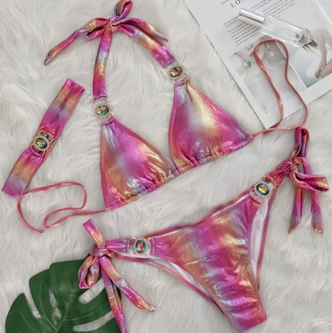 Strass Push Up Halterneck Bikini Sayuri Dreiteilig in Pink