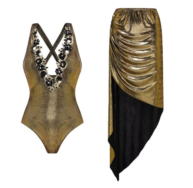Sexy Glitzer Vintage Style Badeanzug in Gold mit Rock im Set