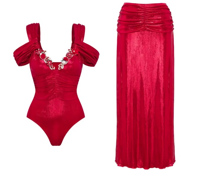 Sexy Glitzer Vintage Style Badeanzug in Rot mit Rock im Set
