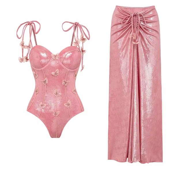 Sexy Glitzer Vintage Style Badeanzug in Rosa mit Rock im Set