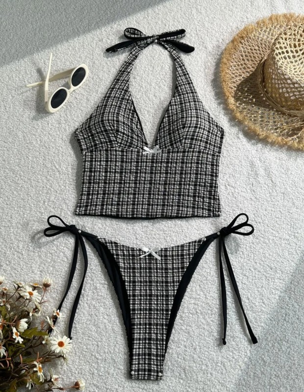  Neckholder Push-Up Bikini Rückenfrei in Schwarz