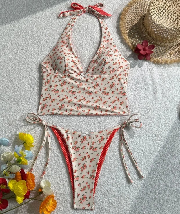  Neckholder Push-Up Bikini Rückenfrei mit Blumenmuster