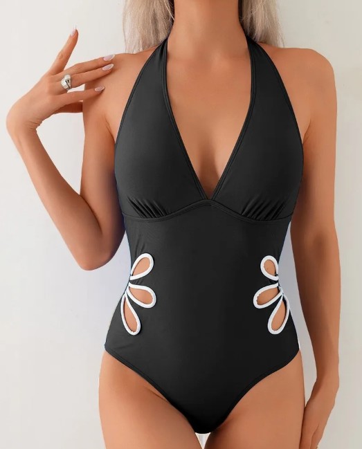 Neckholder Badeanzug Smeralda in Schwarz mit Blumen Cut Out