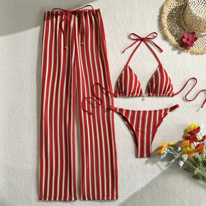 Vintage Stil Halterneck Bikini Silene Rot Weiß Gestreift mit Hose im Set