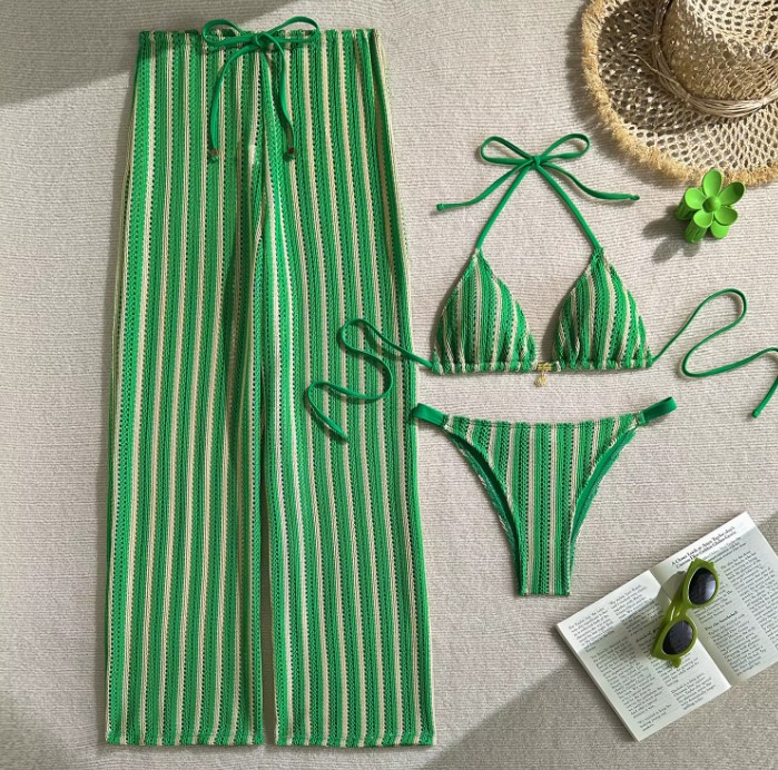 Vintage Stil Halterneck Bikini Silene Grün Weiß Gestreift mit Hose im Set