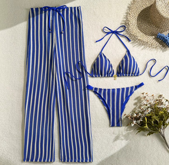 Vintage Stil Halterneck Bikini Silene Blau Weiß Gestreift mit Hose im Set